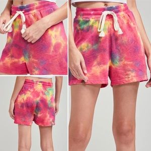 WILDFOX-Colorbomb Logan Shorts-Fuchsia & Yellow Tie-Dye-Sz L-NWT